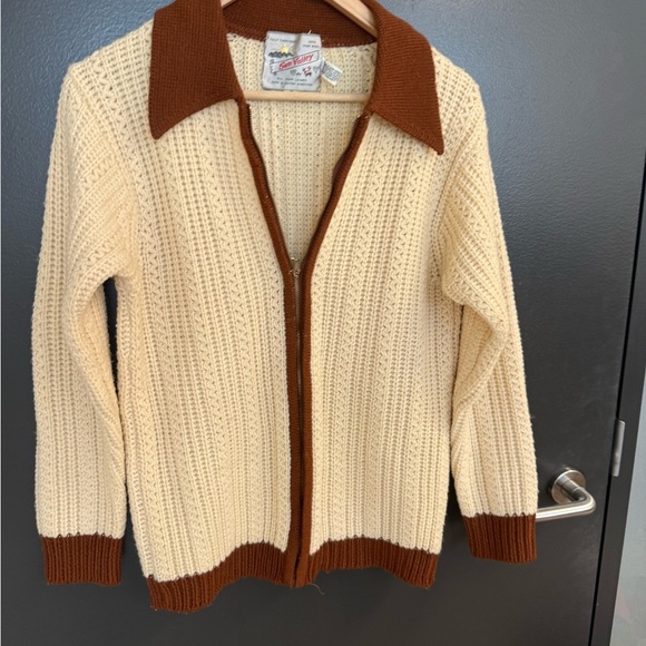 Sun Valley L vintage Cream and Brown Knit Women's Cardigan 100 percent wool EVC - Picture 3 of 12